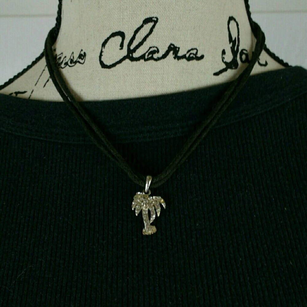 Silver rhinestone palm tree necklace, 18" long